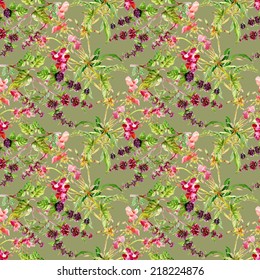 Floral seamless pattern with flowers and leaves on green background vector illustration