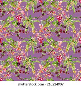 Floral seamless pattern with flowers and leaves on purple background vector illustration