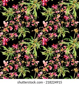 Floral seamless pattern with flowers and leaves on black background vector illustration