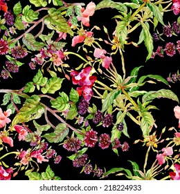 Floral seamless pattern with flowers and leaves on black background vector illustration