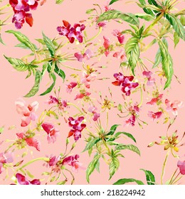 Floral seamless pattern with flowers and leaves on pink background vector illustration