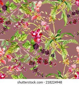 Floral seamless pattern with flowers and leaves on red background vector illustration