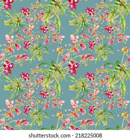 Floral seamless pattern with flowers and leaves on blue background vector illustration