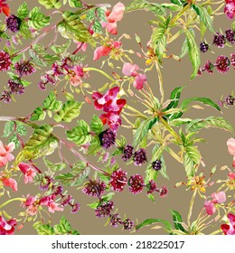 Floral seamless pattern with flowers and leaves on beige background vector illustration