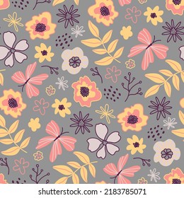 Patrón floral sin fisuras. Flores, hojas, mariposas. Fondo vectorial. El estilo moderno y plano, hace hincapié en el diseño bonito. Ilustración dibujada a mano. Textura para impresión, tela, textil, papel pintado.