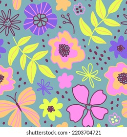 Floral seamless pattern. Flowers, leaves, butterflies. Vector background. Modern flat style, memphis cute design. Hand drawn illustration. Texture for print, fabric, textile, wallpaper.