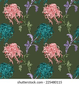Floral seamless pattern with flowers and leaves on green background vector illustration