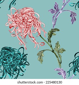 Floral seamless pattern with flowers and leaves on blue background vector illustration