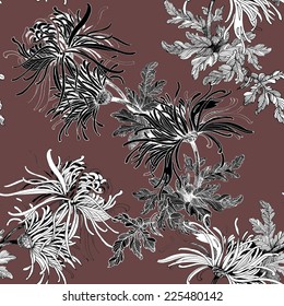 Floral seamless pattern with flowers and leaves on brown background vector illustration