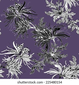 Floral seamless pattern with flowers and leaves on violet background vector illustration