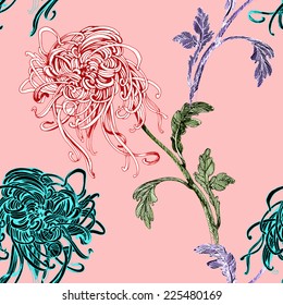 Floral seamless pattern with flowers and leaves on pink background vector illustration