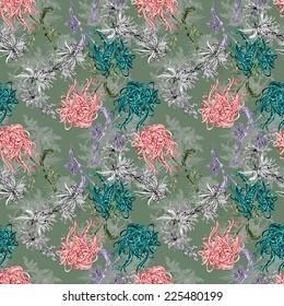 Floral seamless pattern with flowers and leaves on green background vector illustration