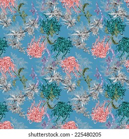 Floral seamless pattern with flowers and leaves on blue background vector illustration