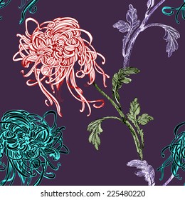 Floral seamless pattern with flowers and leaves on purple background vector illustration