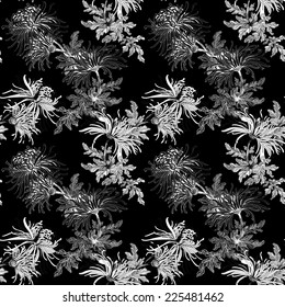 Floral seamless pattern with flowers and leaves on black background vector illustration