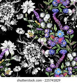 Floral seamless pattern with flowers and leaves on black background vector illustration