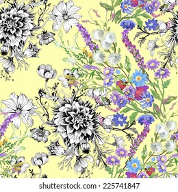 Floral seamless pattern with flowers and leaves on yellow background vector illustration