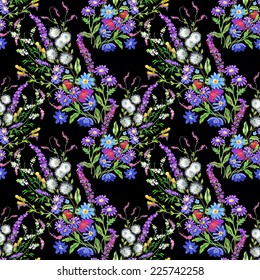 Floral seamless pattern with flowers and leaves on black background vector illustration