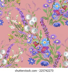 Floral seamless pattern with flowers and leaves on pink background vector illustration