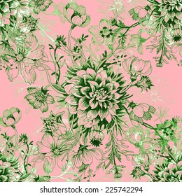 Floral seamless pattern with flowers and leaves on pink background vector illustration