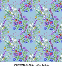Floral seamless pattern with flowers and leaves on blue background vector illustration