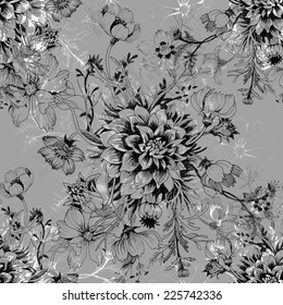Floral seamless pattern with flowers and leaves on gray background vector illustration