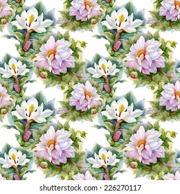 Floral seamless pattern with flowers and leaves on white background vector illustration