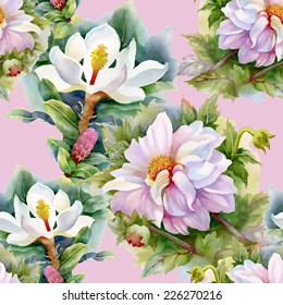 Floral seamless pattern with flowers and leaves on pink background vector illustration