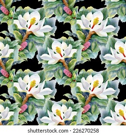 Floral seamless pattern with flowers and leaves on black background vector illustration