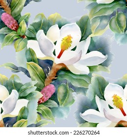 Floral seamless pattern with flowers and leaves on gray background vector illustration