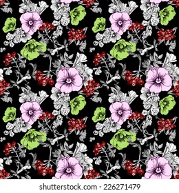 Floral seamless pattern with flowers and leaves on black background vector illustration