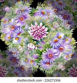 Floral seamless pattern with flowers and leaves on black background vector illustration