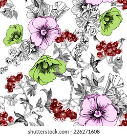 Floral seamless pattern with flowers and leaves on white background vector illustration