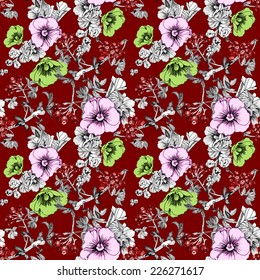 Floral seamless pattern with flowers and leaves on red background vector illustration