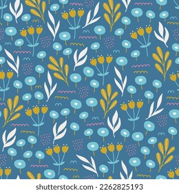 Floral seamless pattern with flowers and leaves on blue background. Perfect for greeting card, holiday decoration, wallpaper, wrapping paper, fabric. Vector illustration