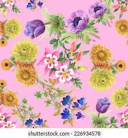 Floral seamless pattern with flowers and leaves on pink background vector illustration