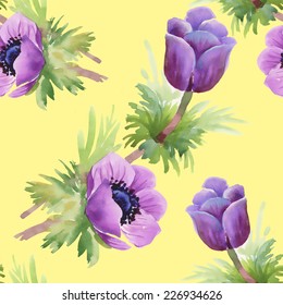 Floral seamless pattern with flowers and leaves on yellow background vector illustration
