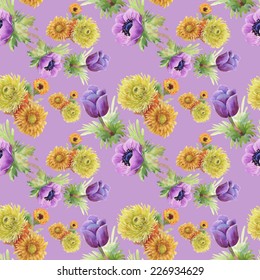 Floral seamless pattern with flowers and leaves on violet background vector illustration