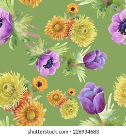 Floral seamless pattern with flowers and leaves on green background vector illustration
