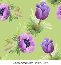 Floral seamless pattern with flowers and leaves on green background vector illustration