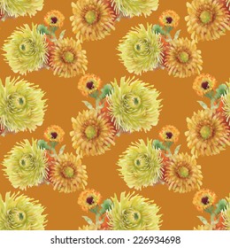 Floral seamless pattern with flowers and leaves on orange background vector illustration