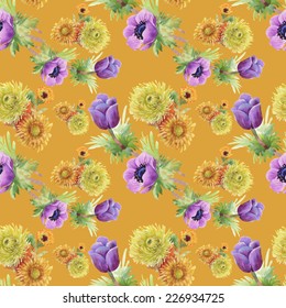 Floral seamless pattern with flowers and leaves on orange background vector illustration
