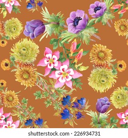 Floral seamless pattern with flowers and leaves on orange background vector illustration