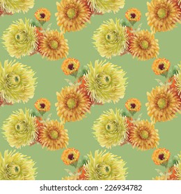 Floral seamless pattern with flowers and leaves on green background vector illustration
