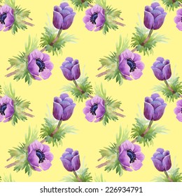 Floral seamless pattern with flowers and leaves on yellow background vector illustration