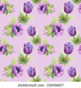 Floral seamless pattern with flowers and leaves on violet background vector illustration