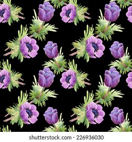 Floral seamless pattern with flowers and leaves on black background vector illustration