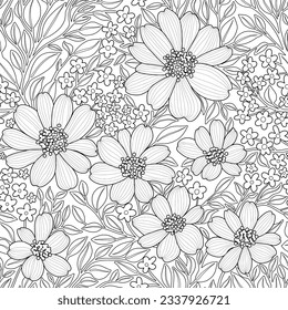 Floral Seamless Pattern of Flowers and Leaves in Line Art style, Black Outline on White. May used for Coloring Pages, Wallpaper Design for Textiles, Papers, Prints, Beauty Products.