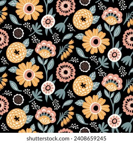 Floral Seamless Pattern of Flowers and Leaves in five Colors Yellow, White, Pink Peach, Grey Green on Black Backdrop, Wallpaper Design for Textiles, Papers Prints, Fashion Backgrounds, Beauty Products