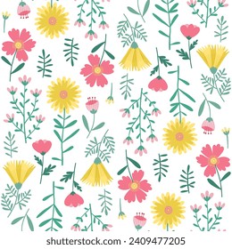 Floral Patrón sin foco de flores y hojas en amarillo, verde, rosa sobre fondo blanco. Diseño de fondo de escritorio para textiles, tejidos, decoraciones, pinturas de papel, fondos de moda, empaque de envolturas.